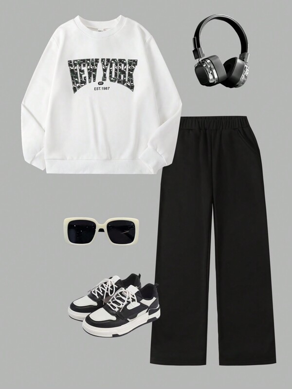 2pcs/Set Girls Letter Print Minimalist Casual White Sweatshirt & Black Pants Outfit, Suitable For Sports & Daily Wear, Spring/Autumn