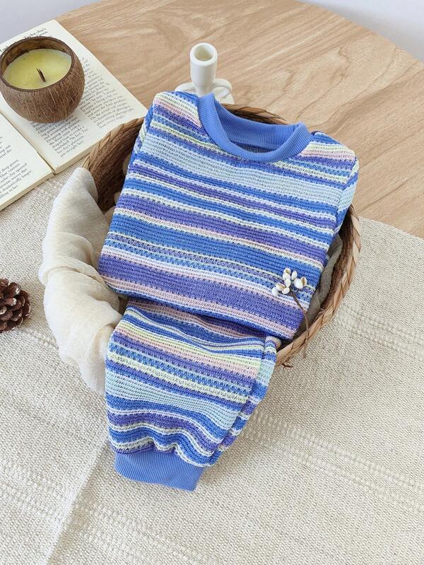 2pcs Set Baby Girls 0-3 Years Old Holiday Style Handmade Knit Fabric Long Sleeve Top & Pants Outfit, Comfortable Soft Texture For Indoor & Outdoor Wear, Autumn/Winter
