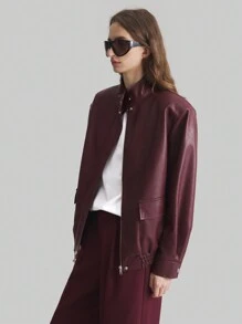 Ontre Women's 2025 New Spring Apparel Stand Collar Zipper Style Real Pocket Angola Red New Year Winter Ladies Outerwear Barn Style Jacket PU Leather Jacket Burgundy Red Stand Collar Long Sleeve Wide Strap Regular Outerwear - Burgundy - View 6
