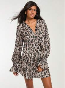 COSMINA 2pcs Women Leopard Print Bell Sleeve Blouse And Pleated Skirt Set, Casual For Autumn