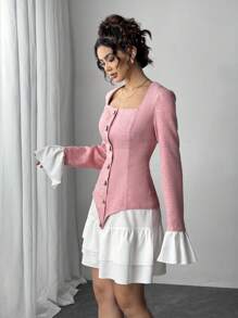 Chiquease Women's Contrast Color Splice Tweed Ruffle Hem Elegant Dress, Long Sleeve Fall Cloth For Women - Pink - View 6