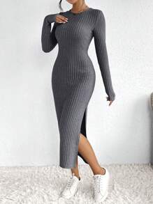 SHEIN Frenchy Váy bó sát vải dệt kim xẻ đùi có họa tiết - Xám - Xem 3