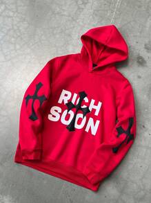 Manfinity EMRG Men's Letter Print Simplistic Casual Hooded Sweatshirt - Red - View 3