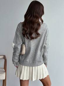 SHEIN Privé Pull gris ample, simple et décontracté avec décor floral romantique, pour l'automne/hiver - Gris - Voir 2