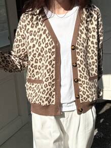 DAZY 女式豹纹落肩长袖单排扣休闲开衫，秋冬猎豹印花，秋季女装