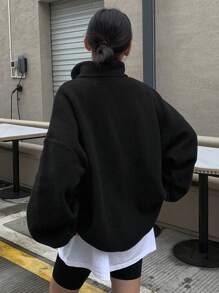 DAZY 女式卡通兔子图案纽扣半襟落肩长袖休闲运动衫，秋季 - 黑色 - 查看 9