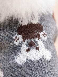 PETSIN 灰色针织保暖宠物毛衣带袖，可爱熊猫和狗狗设计，适合秋冬季