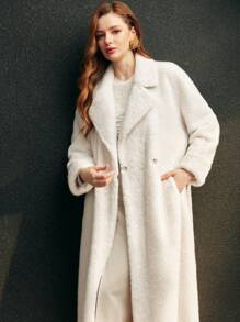 MOTF 蓬松纯色翻领斜口袋长款大衣 - 米色 - 查看 7