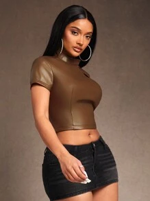 SHEIN SXY 新年优雅性感夜店必备情人节休闲街头潮流Y3K ICON棕色PU短袖侧镂空东方立领上衣 - 棕色 - 查看 6