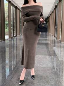 DAZY Women's Solid Color Off-Shoulder Long Sleeve Blouse And Skirt Casual 2 Pieces Set Off Shoulder Fall,Winter Women Sweater - Camel - View 5
