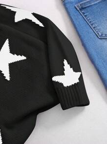 SHEIN Leap Crew 宽松圆领星形图案休闲毛衣，适合年轻女孩，星形毛衣，黑色女童毛衣 - 黑與白 - 查看 4