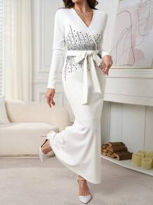 Modelyn Vestido elegante de mujer con acento de strass con cola de pez, vestido largo de noche de otoño - Blanco - Ver 6