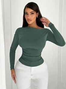 SHEIN SXY Camiseta de manga larga asimétrica con abertura en el hombro, estilo minimalista y sexy para la oficina y el trayecto - Verde Oscuro - Ver 5