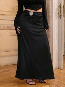 SHEIN VCAY 大码不对称腰部收褶休闲半身裙 - 黑色 - 查看 6