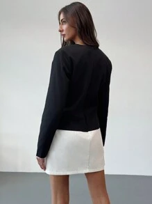 Aloruh Damen Einfarbig Patchwork Rundhals Langarm Schleife Dekor Lässig Kurz Kleid