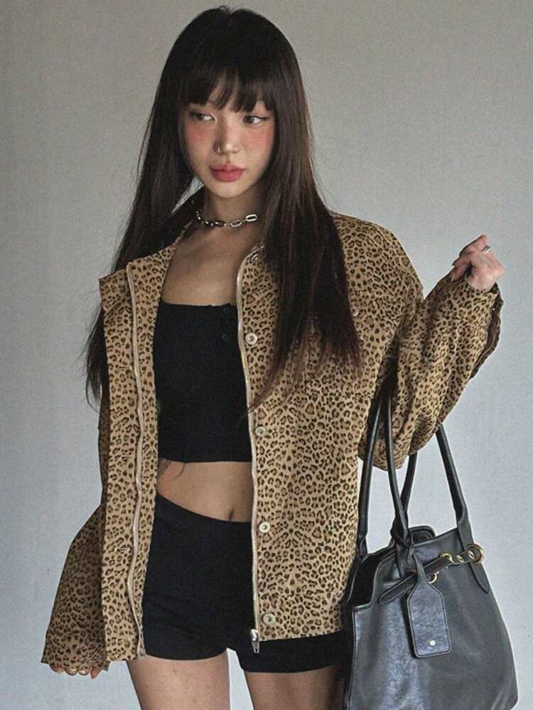 Women Contrast Color Patchwork Leopard Print Loose Fit Casual Jacket Cheetah Print Women Coats