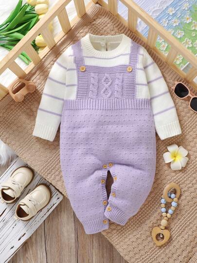 Infant Plain Color Patchwork Button Decoration Long Sleeve Simple Casual Sweater Bodysuit