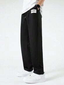 Manfinity Hypemode Men Letter Patched Drawstring Waist Straight Leg Trousers - Black - View 6
