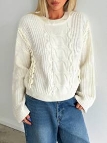 Aloruh Women's Casual Chic Cable Knit Wide Crew Neck Flare Sleeve Warm Loose Sweater, Autumn/Winter - White - View 8