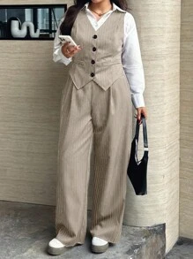 Calvaya Plus Size Striped Vest & Pants Suit - Apricot - View 5