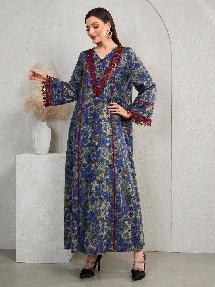 Al Najma فستان نسائي بأكمام جرس وفتحة رقبة على شكل V مع تطريز بالدانتيل، مناسب للخريف/الشتاء، فستان مودستي بويمي طويل الأكمام ماكسي جلابية عربي للاستخدام اليومي الكاجوال - متعدد الألوان - مشاهدة 5