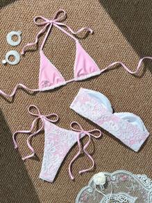 3pcs/Set Summer Beach Lace Triangle Bikini Top & Wrap Side Tie Bikini Bottom - Multicolor - View 2