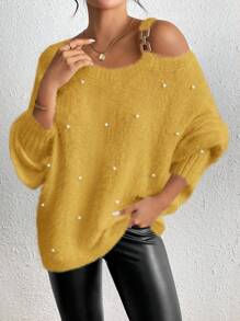SHEIN Unity Damen einfacher Perlenverzierter Pullover mit Träger, Langarm, Lässig Täglicher Tragekomfort, Strick Pullover Herbst Winter - Gelb - Übersicht 6