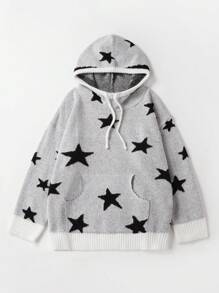 Calvaya 大码女式提花星形图案口袋连帽长袖宽松休闲套头毛衣，秋冬针织套头衫