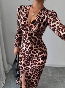 SHEIN Unity Button Decor Zipper Closure Long Sleeve Deep V-Neck Leopard Print Dress Maxi Women Outfit - Coffee Brown - View 5