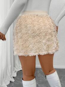 Celure Plus Size Elegant Apricot A-Line Skirt, 3D Rose Floral Decor Knee Length Skirt, Suitable For Valentine's Day