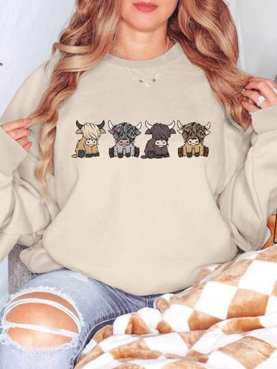 INAWLY Women's Cartoon Cow Graphic Printed Round Neck Sweatshirt,Long Sleeve Tops Graduation,Back To School Outfits,Graduation,Teacher Outfits For Women,Back To School Pullover Fall Outfit
