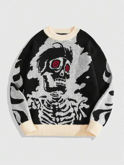 Street Life Suéter casual de cuello redondo de manga larga con estampado de calavera tipo jacquard para hombre, otoño/invierno