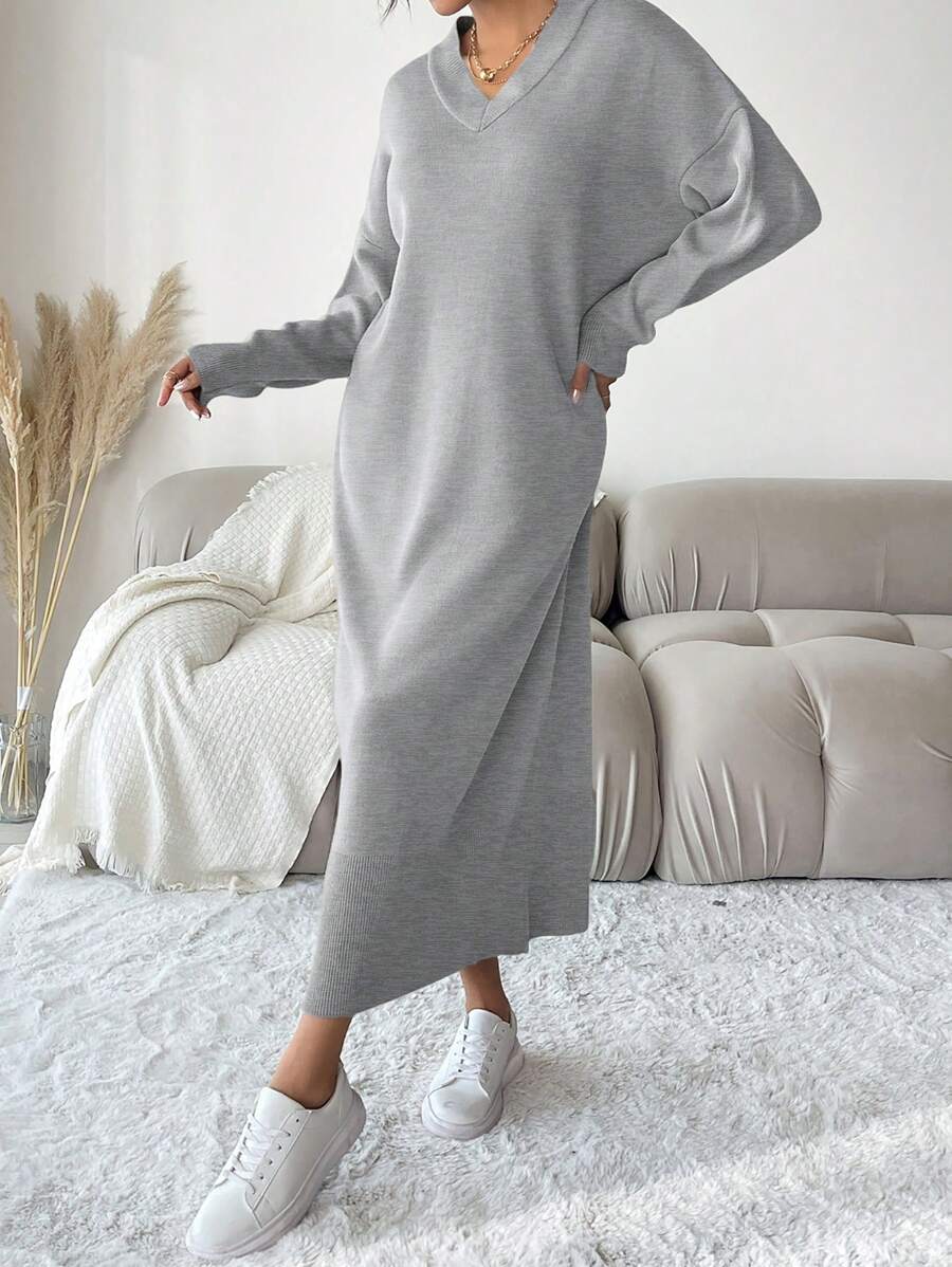 EURMUSE Solid Color V-Neck Drop Shoulder Sweater Dress - Grey - View 1