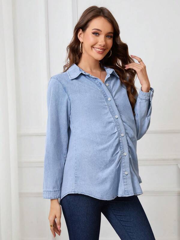 SHEIN Blouse en jean à manches longues et boutons à l'avant, simple, pour maternité. Tenue casual pour tous les jours.