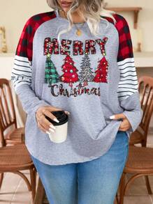 SHEIN CURVE+ 大码圣诞简约休闲 T 恤，日常穿着图案 T 恤女式上衣 - 彩色 - 查看 3