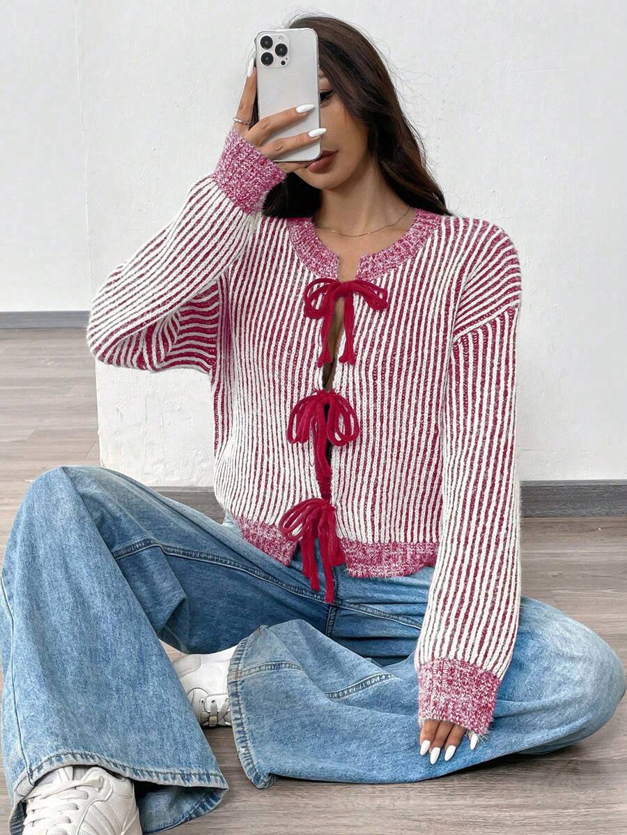 Chiquease Casual Striped Lace-Up Raglan Cardigan For Autumn/Winter Fall Cloth For Women