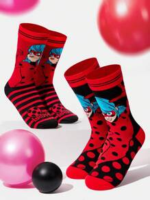 Miraculous Ladybug X SHEIN 2 pares de calcetines con estampado de figuras de dibujos animados y lunares a rayas de medianos para mujeres