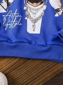 Young Boy Letter & Graphic Print Loose Fit Crew Neck Long Sleeve Casual Sweatshirt, Suitable For Outdoor And School Wear In Winter, Autumn And Spring - Royal Blue - View 5