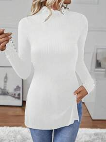 SHEIN LUNE Dames Slim Fit Lange Mouw Parel Versierd Hoge Hals Split Zoom T-shirt, Herfst/Winter