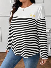 SHEIN Frenchy Áo thun tay dài thêu hình trái tim kẻ sọc cỡ lớn cho nữ - Nhiều màu - Xem 6