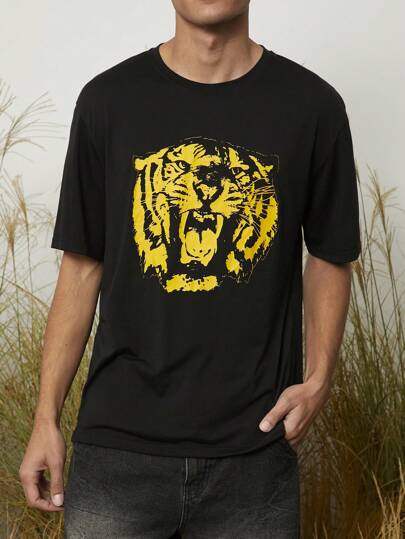 Animal Planet X SHEIN Camiseta negra de manga corta casual y holgada con estampado de cabeza de tigre para hombre