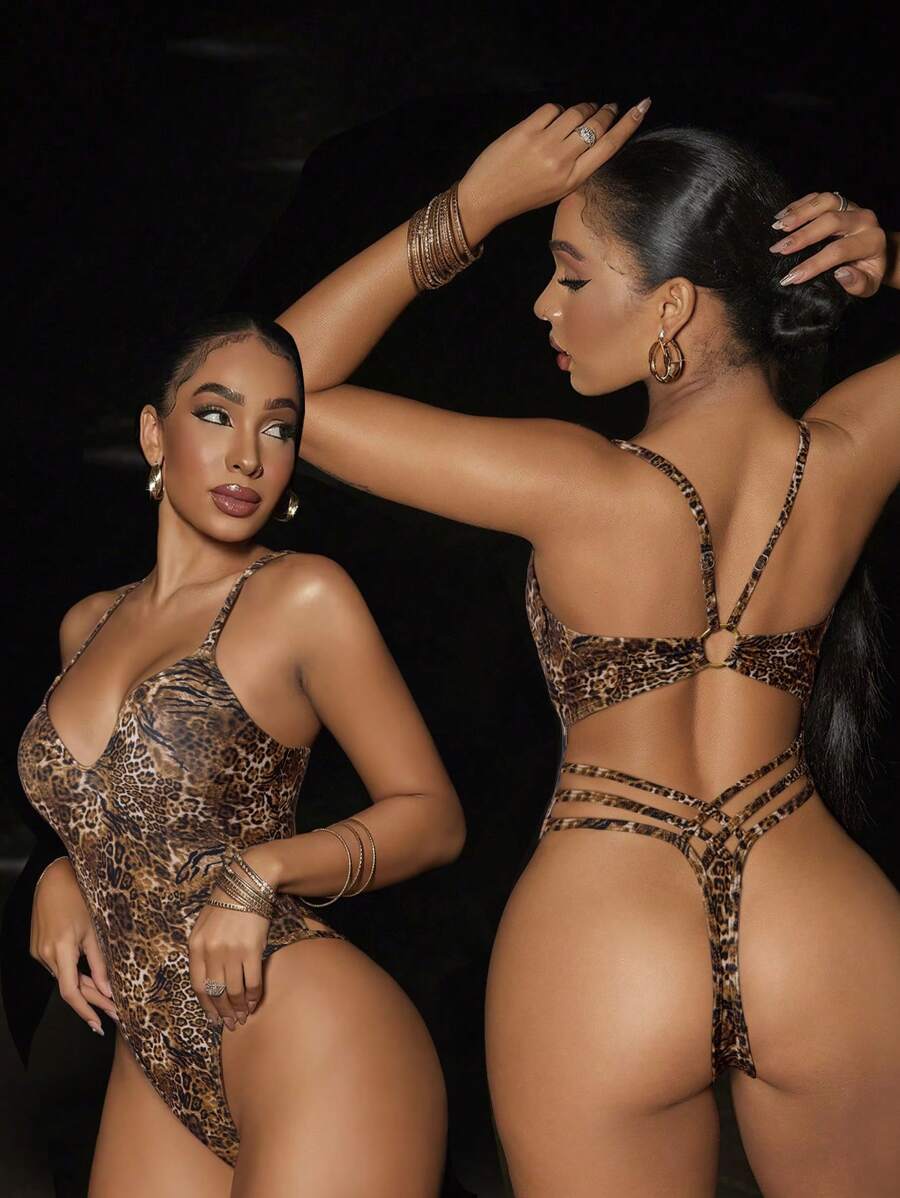 1 bộ đồ bơi một mảnh họa tiết da báo gợi cảm dây chéo sau lưng dành cho nữ - Nhiều màu - Xem 1