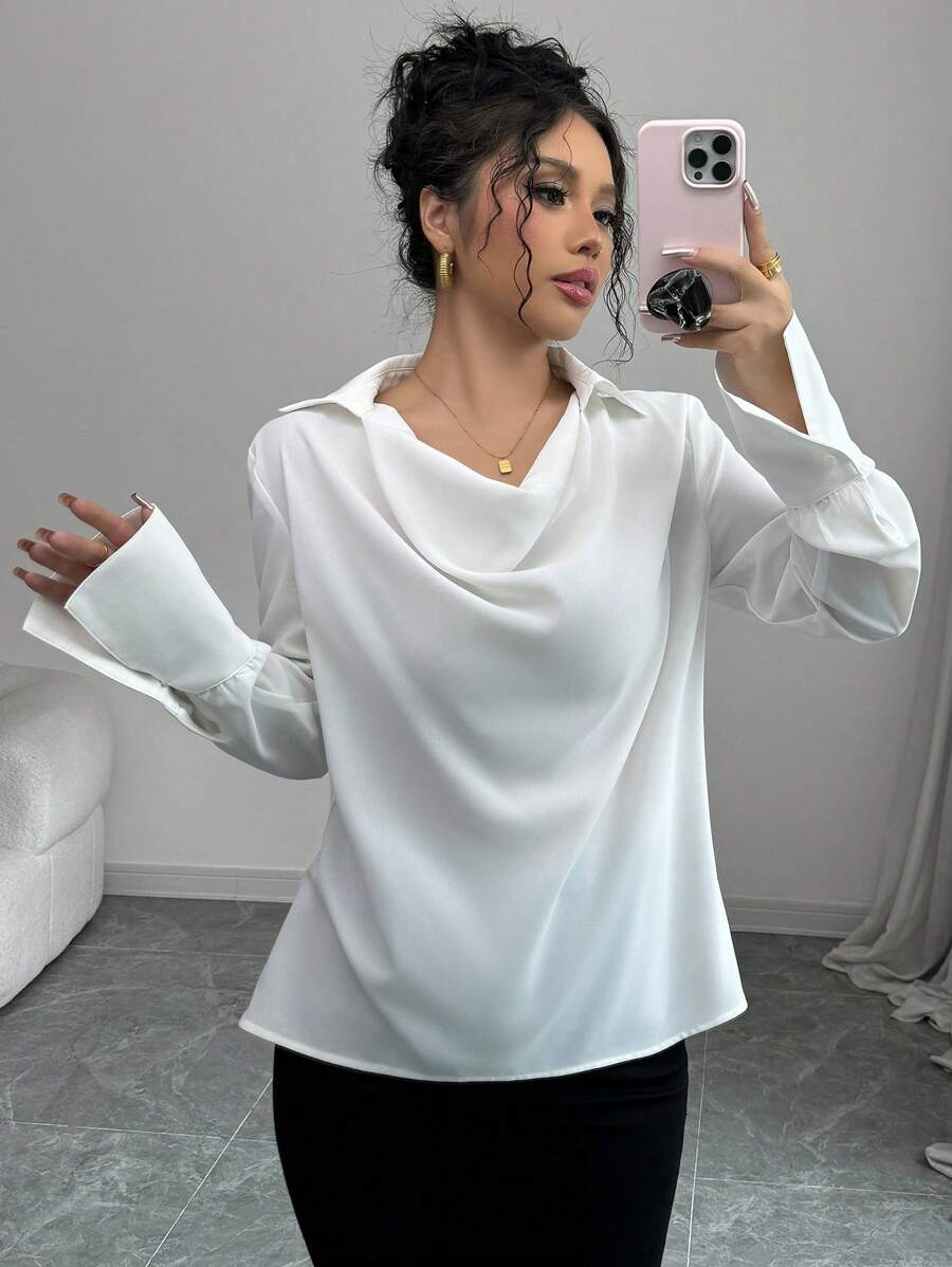 Elenzga Women's Simple Elegant Loose Draped Neck Long Sleeve Blouse - White - View 1