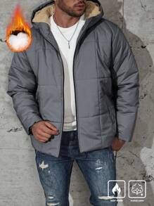 Manfinity Homme 男士加大码前拉链长袖口袋简约休闲连帽羽绒服，秋冬款 - 淺灰色 - 查看 7
