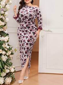 Modelyn Plus Size Asymmetric Collar Rose Allover Print Dress, Elegant For Autumn Long Evening Dresses - Multicolor - View 3
