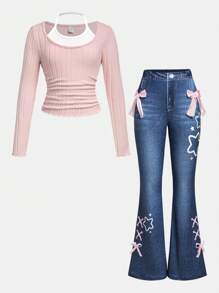 SHEIN Lunivi Tween-Mädchen Schlaghose mit Denim-Effekt-Print, Schmetterlingsdekor und ärmellosem Neckholder-Top, lässiges 2-teiliges Set für Jugendliche