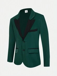 SHEIN Leap Crew 2pcs Tween Boy Casual Two-Tone Collar Suit Jacket And Pants Set - Dark Green - View 12