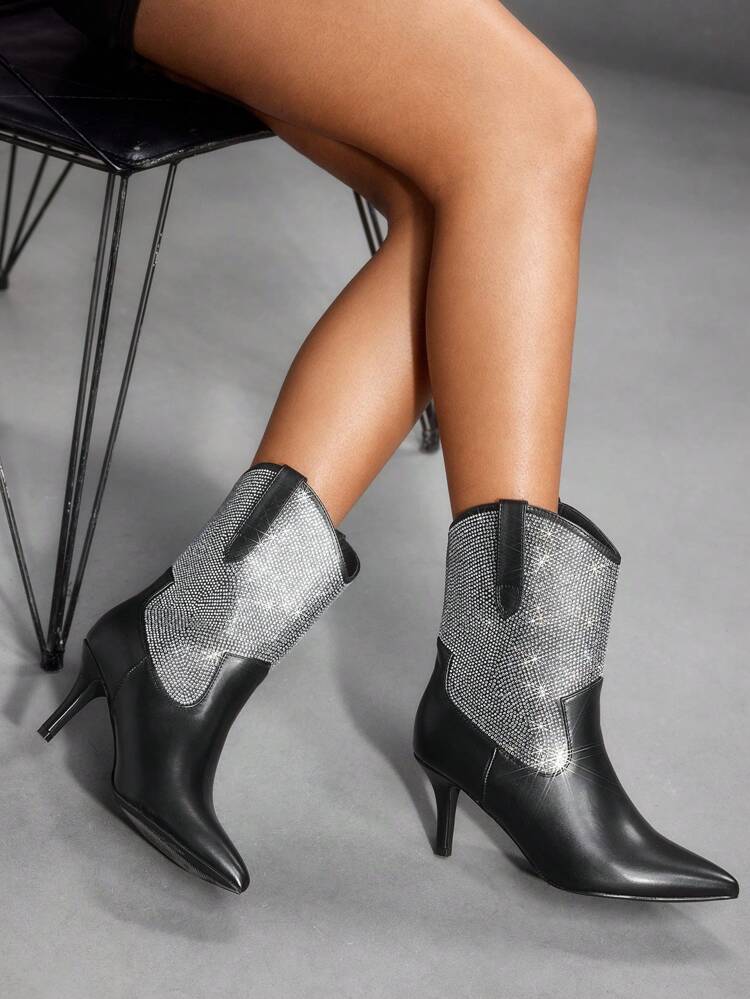 CUCCOO SZL Women's Pointed Toe High Heels With Rhinestone Embellished Chunky Heel Ankle Booties, Sexy Party Boots For Christmas & New Year