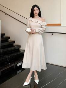 DAZY Women's Solid Color Asymmetrical Neck Long Sleeve Pleated Casual Long Dress, New Style For Autumn Prom Dress,Ruffle