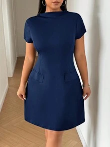 Flirla 大码女式简约休闲时尚小高领短袖打底 A 字口袋经典小黑裙 - 藏蓝色 - 查看 6